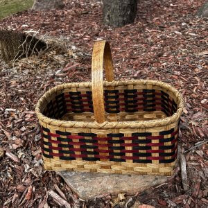 This is a market basket sitting on a rock in the garden
