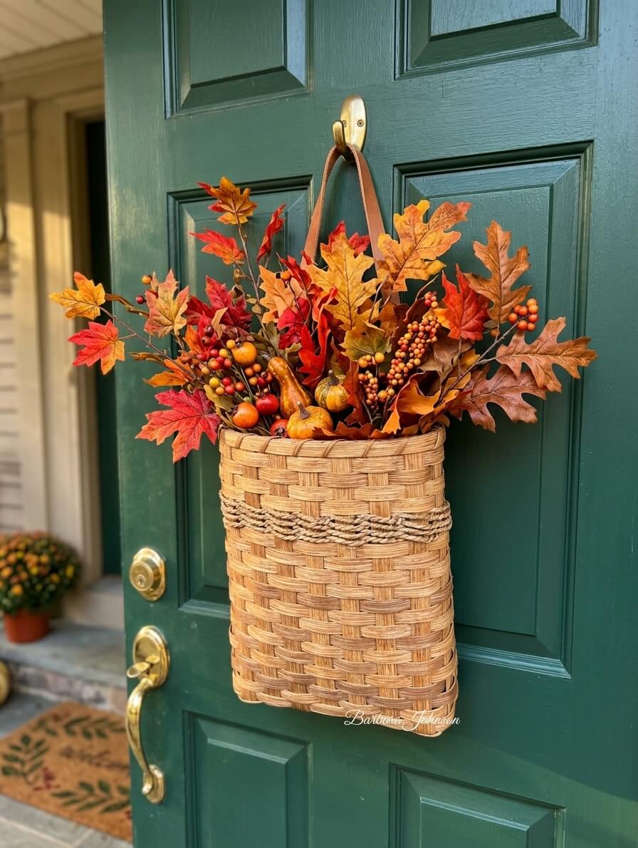 Autumn Door Basket filled with Fall foliage hanging on a green door. 